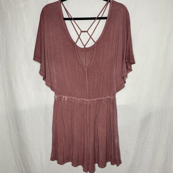 American Eagle Romper Womens Blush Pink Flutter Sleeve One Piece Stretch M Short - Picture 2 of 11